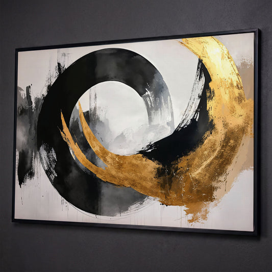 Gold and Black Circle Canvas shown in black floating frame