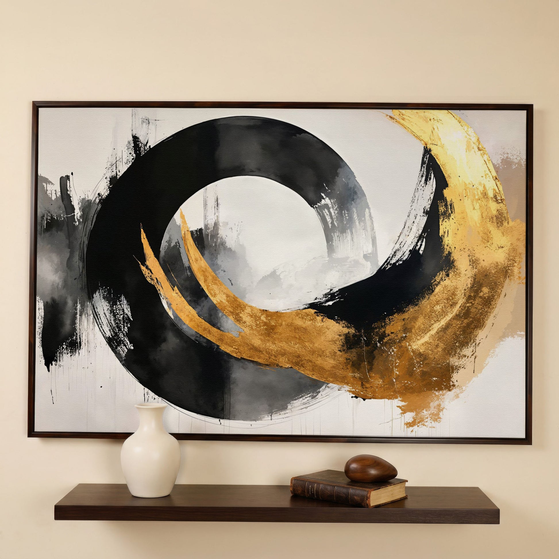 Gold and Black Circle Canvas in dark walnut floating frame