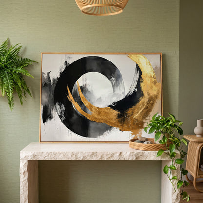 Gold and Black Circle Canvas in white oak floating frame
