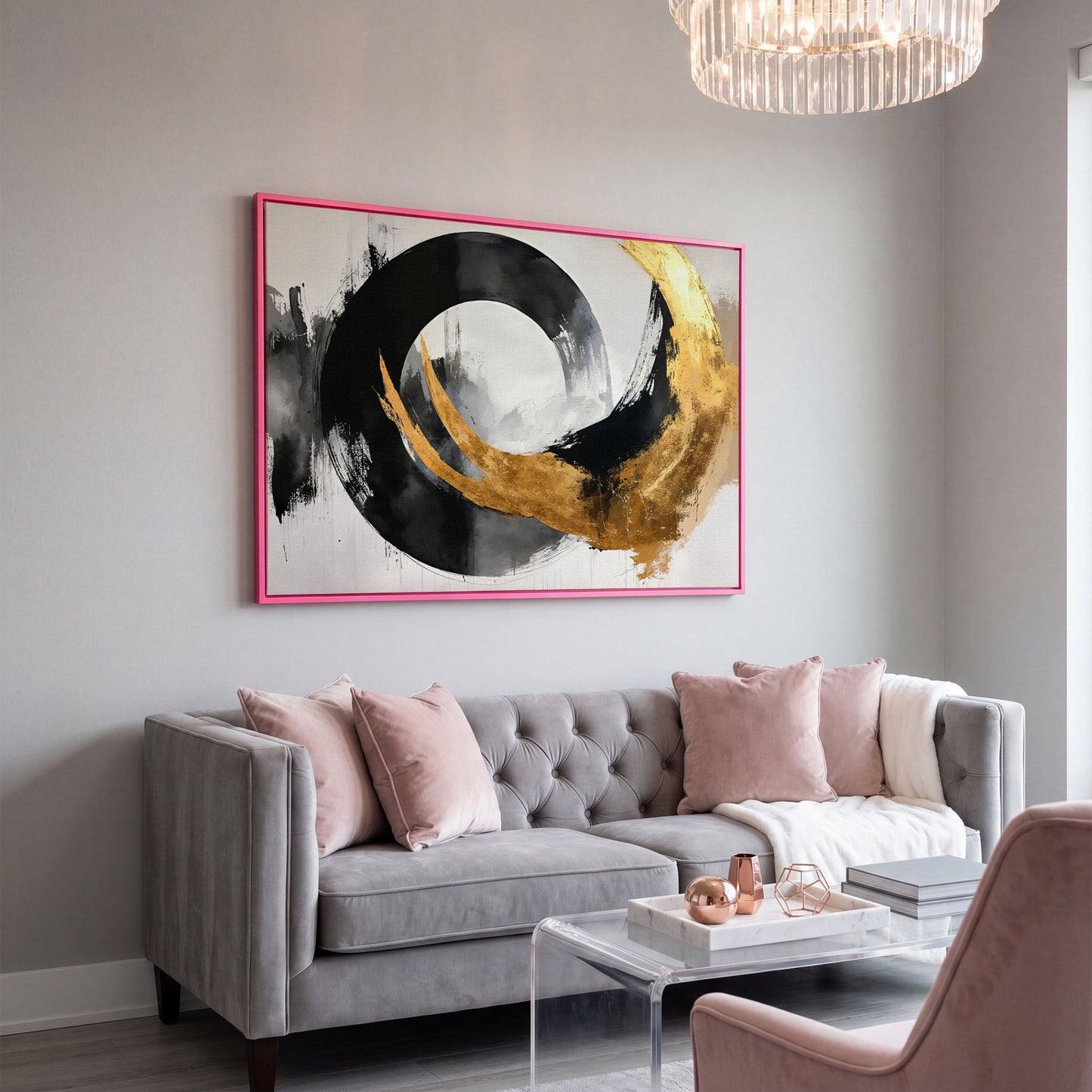 Gold and Black Circle Canvas in pink floating frame