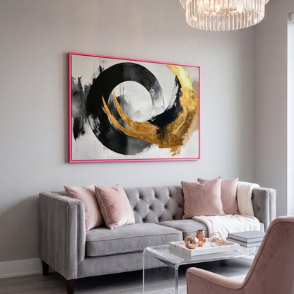 Gold and Black Circle Canvas in pink floating frame