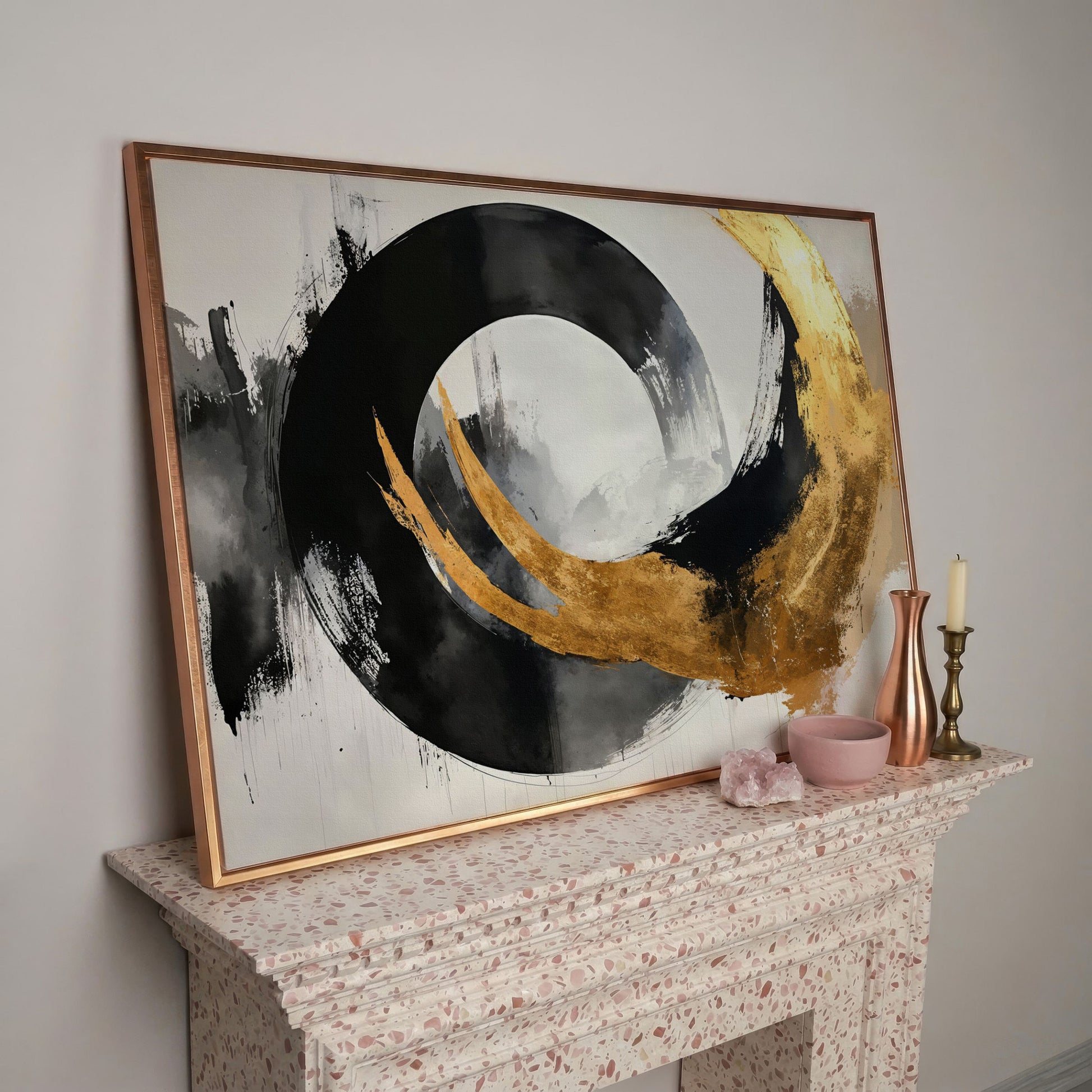 Gold and Black Circle Canvas in rose gold floating frame