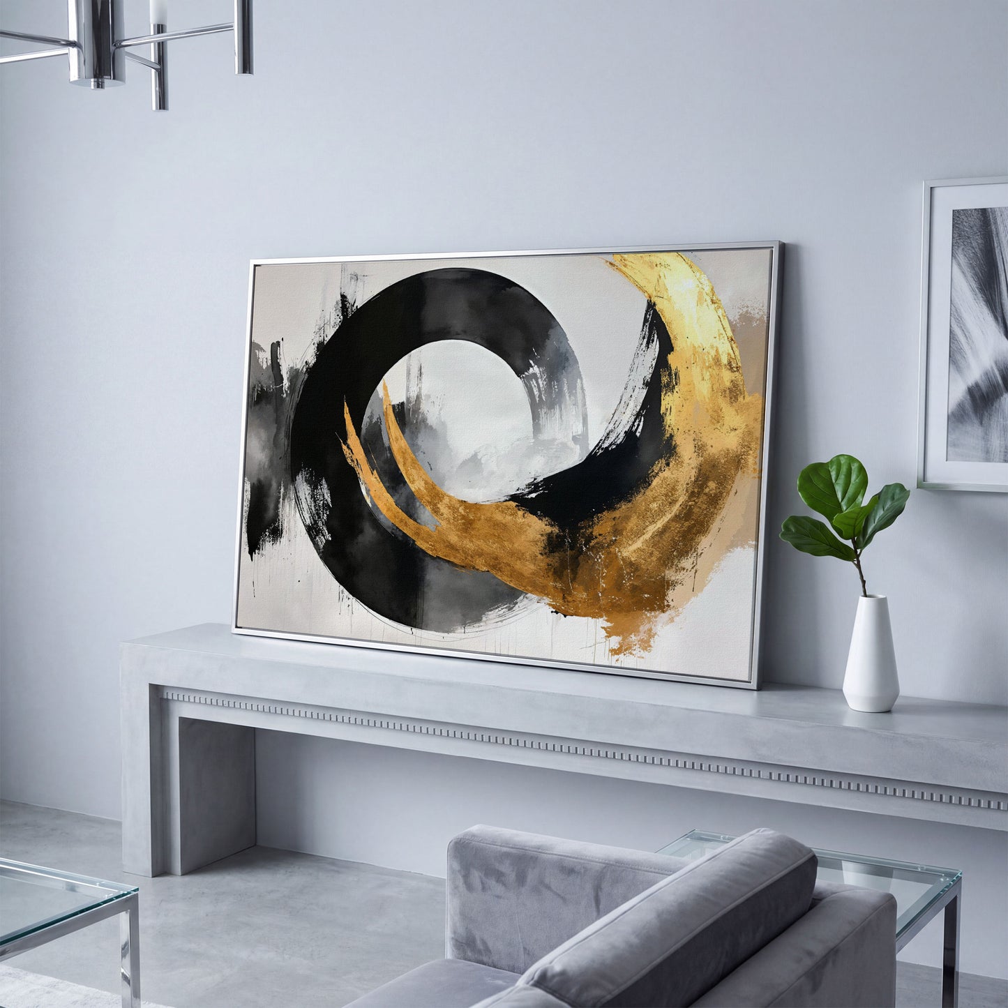 Gold and Black Circle Canvas in silver floating frame