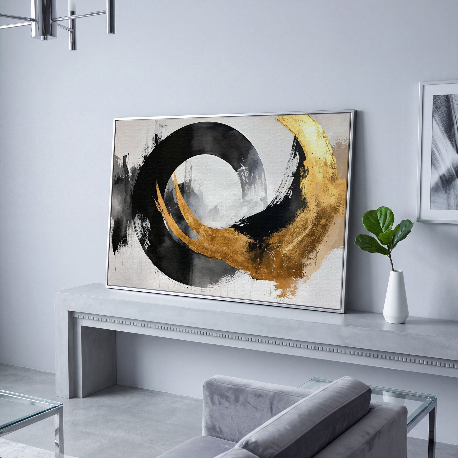 Gold and Black Circle Canvas in silver floating frame