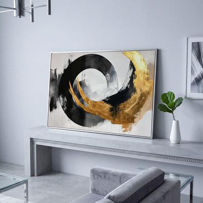 Gold and Black Circle Canvas in silver floating frame