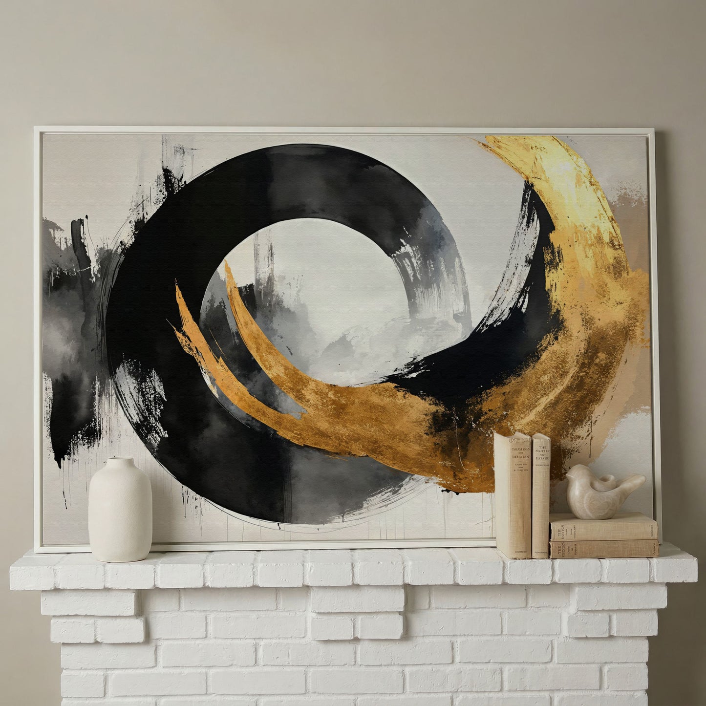 Gold and Black Circle Canvas in white floating frame
