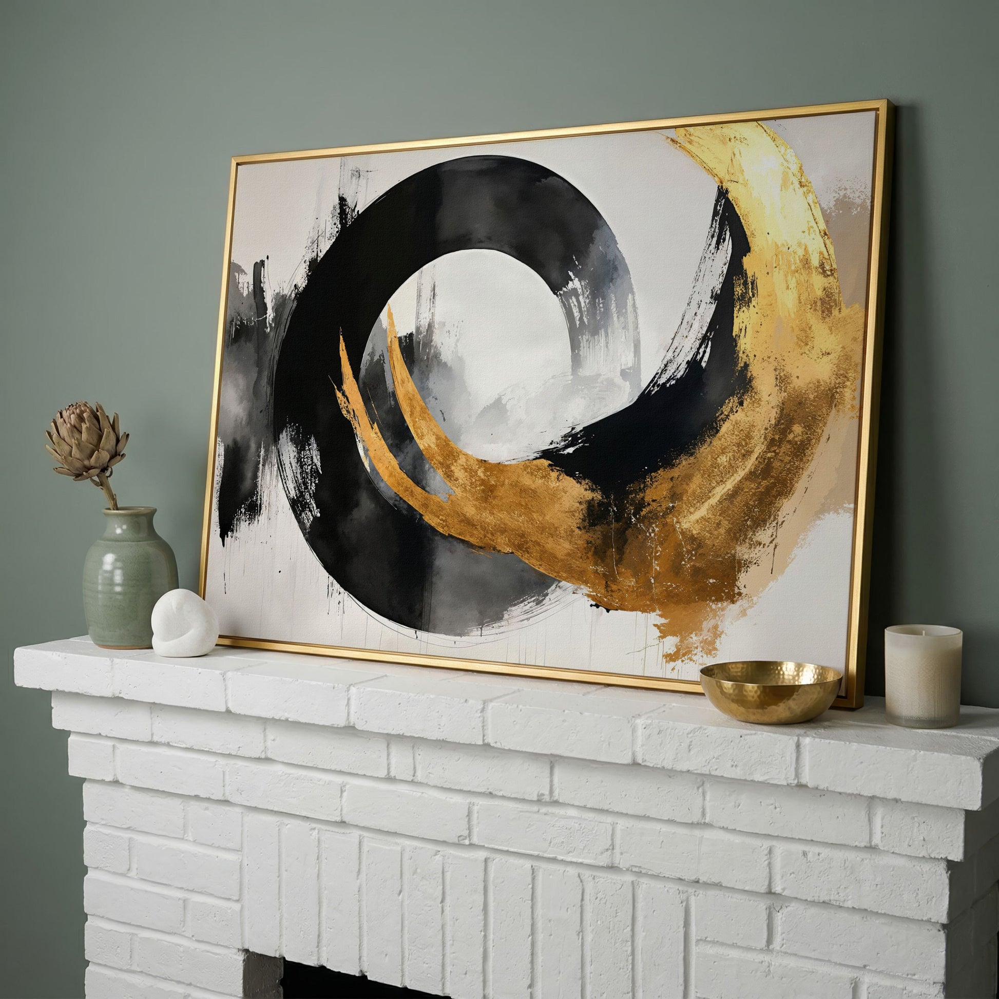 Gold and Black Circle Canvas in yellow gold floating frame
