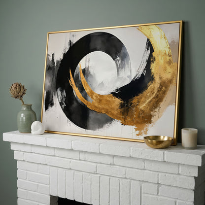 Gold and Black Circle Canvas in yellow gold floating frame