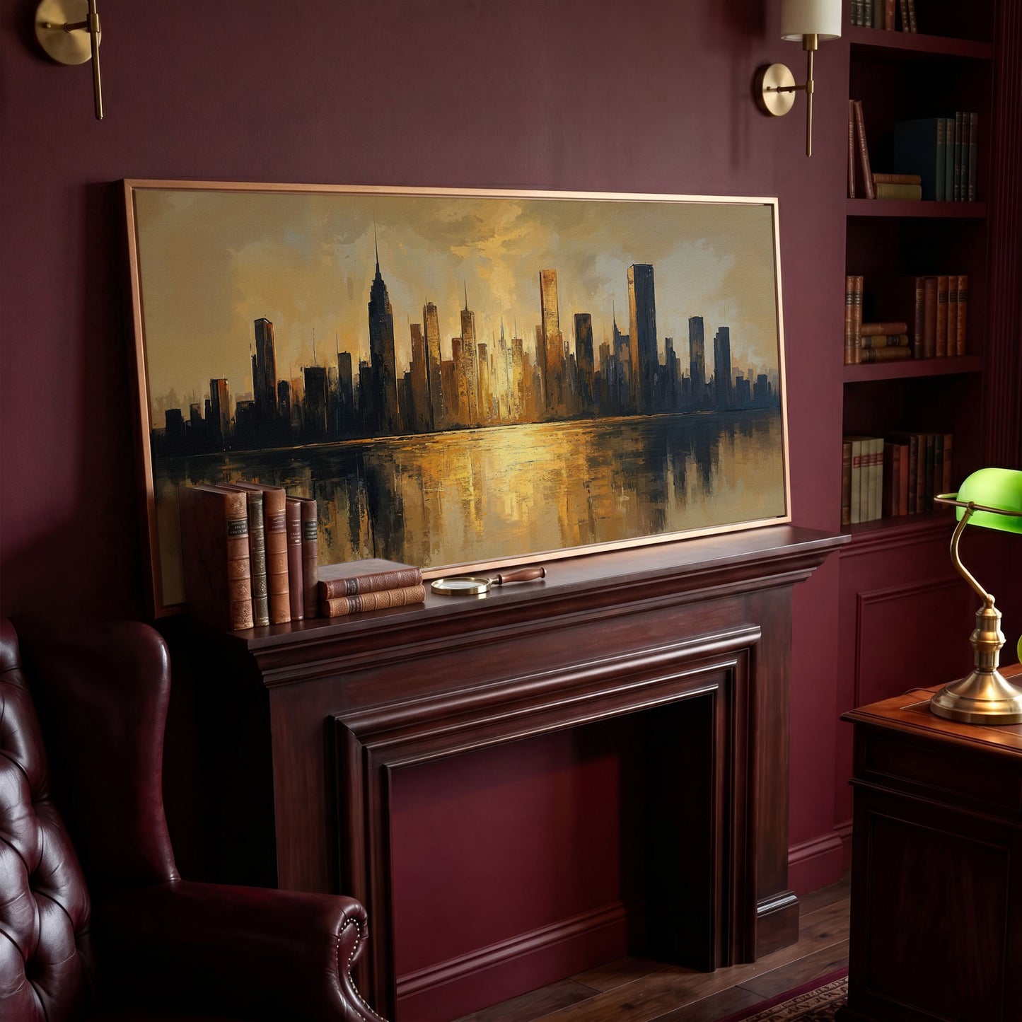 Golden Cityscape Skyline Canvas in antique gold floating frame