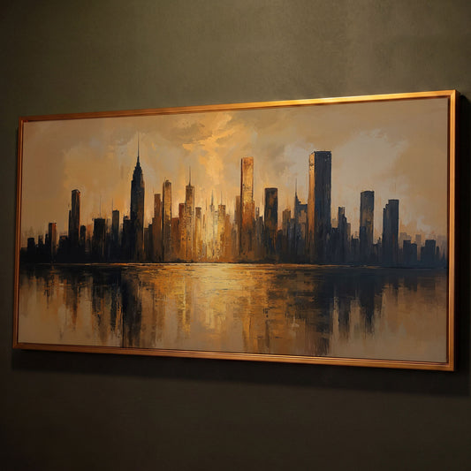 Golden Cityscape Skyline Canvas shown in antique gold floating frame