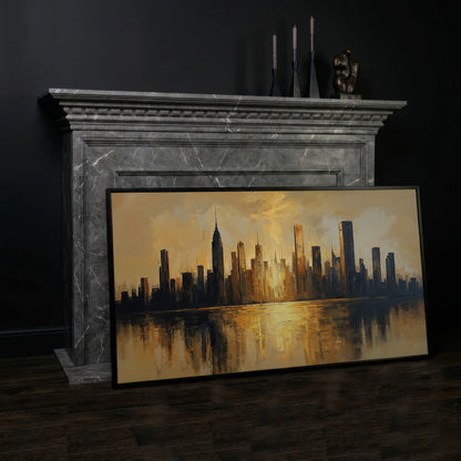 Golden Cityscape Skyline Canvas in black floating frame