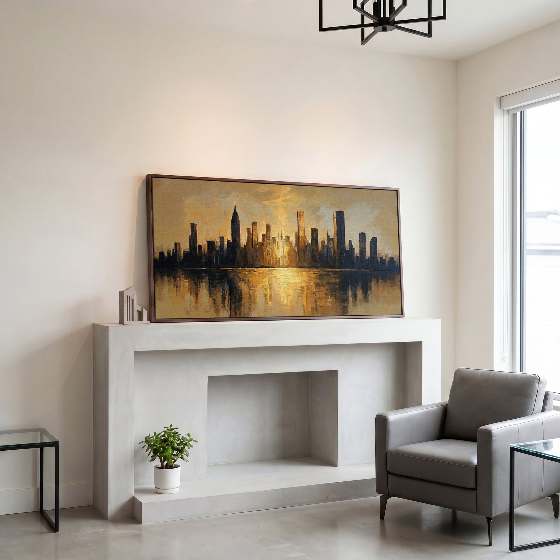 Golden Cityscape Skyline Canvas in dark walnut floating frame