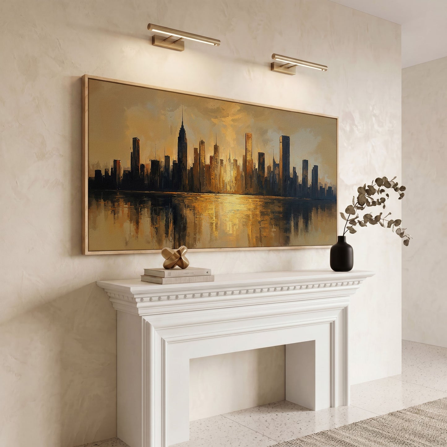 Golden Cityscape Skyline Canvas in white oak floating frame