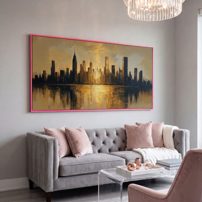 Golden Cityscape Skyline Canvas in pink floating frame