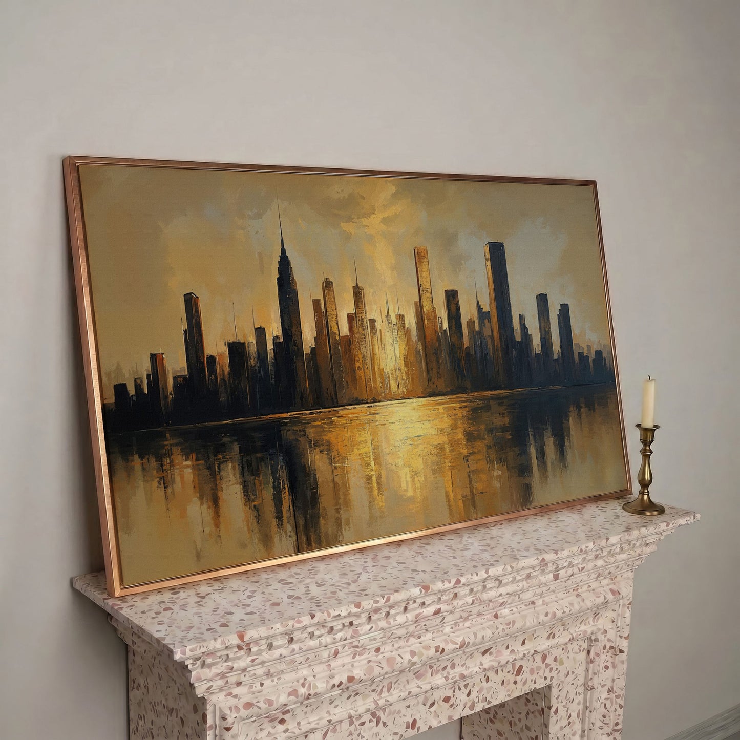 Golden Cityscape Skyline Canvas in rose gold floating frame