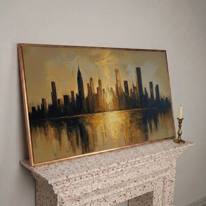Golden Cityscape Skyline Canvas in rose gold floating frame