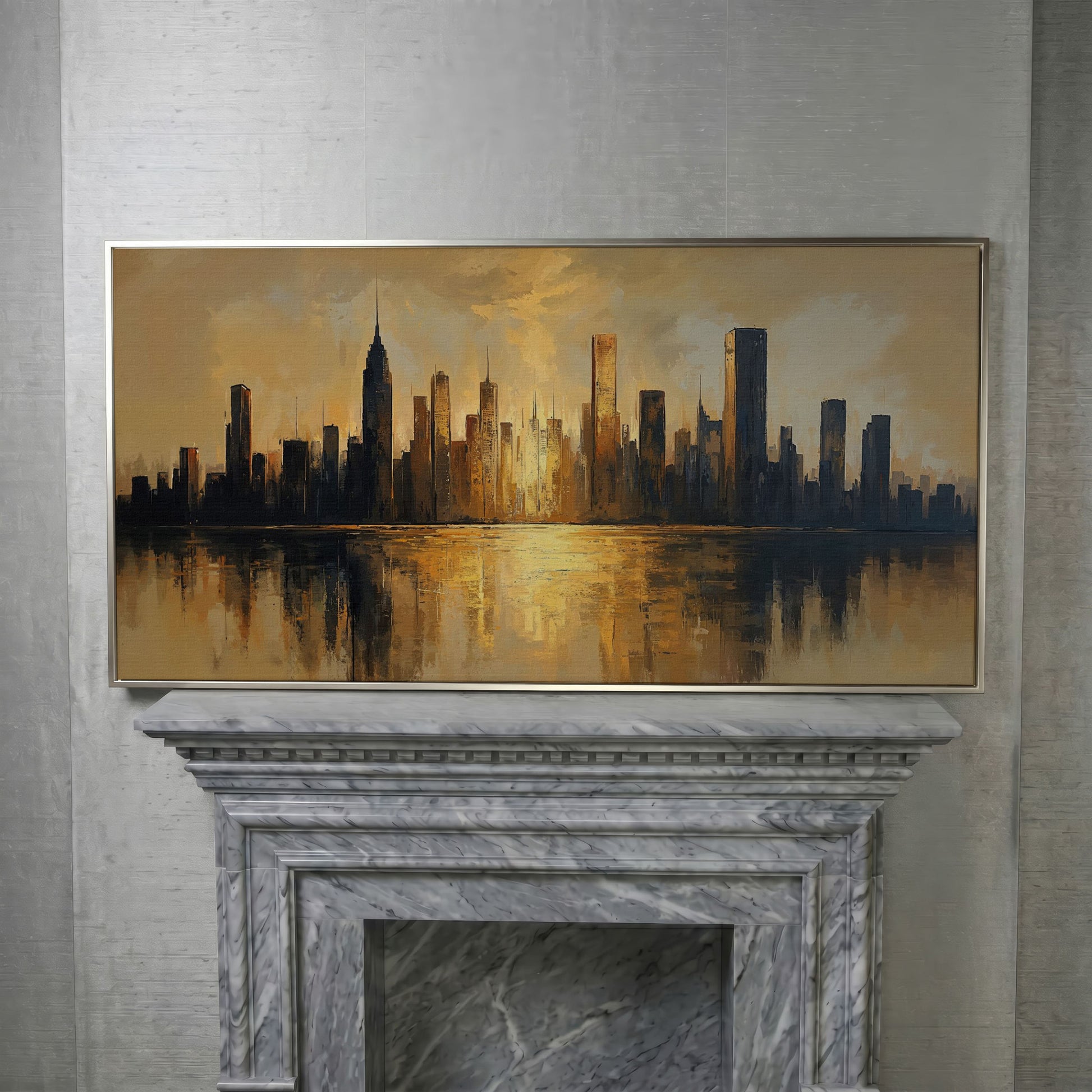 Golden Cityscape Skyline Canvas in silver floating frame