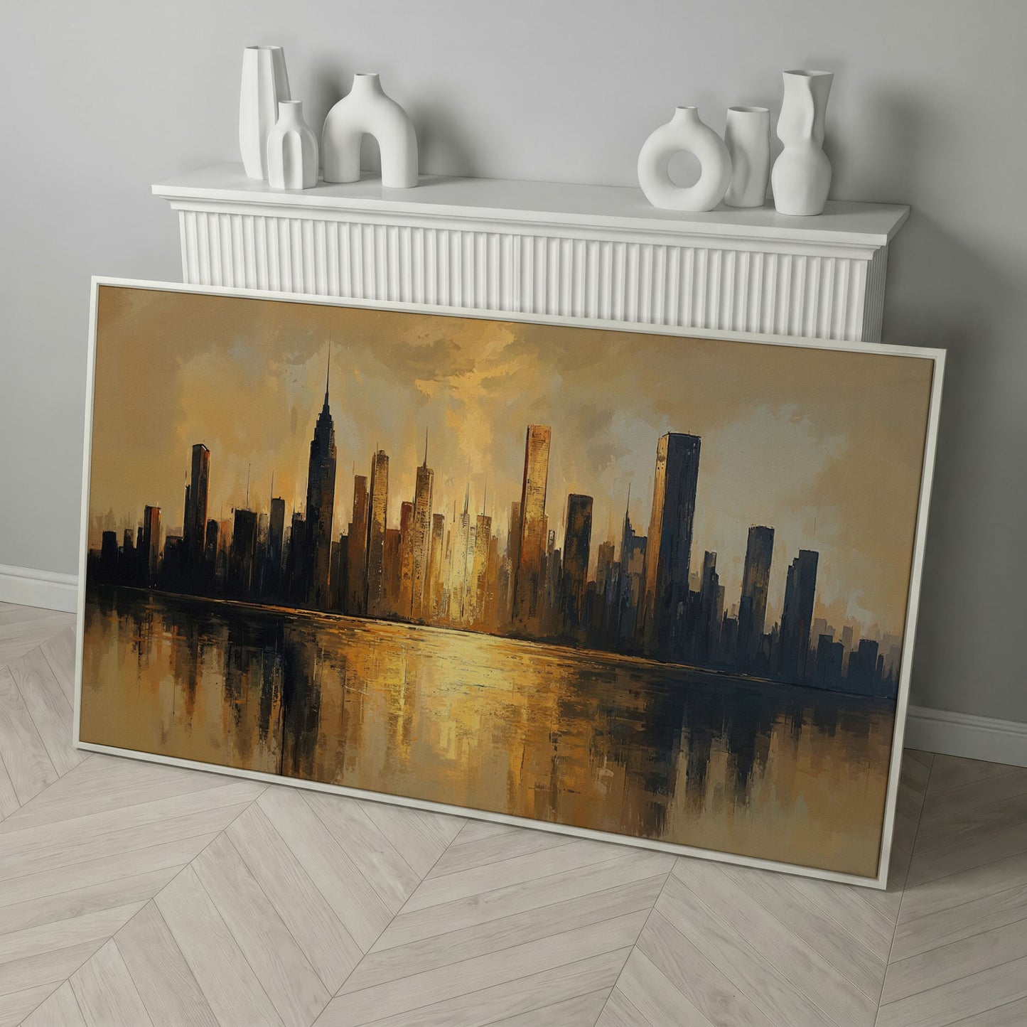 Golden Cityscape Skyline Canvas in white floating frame