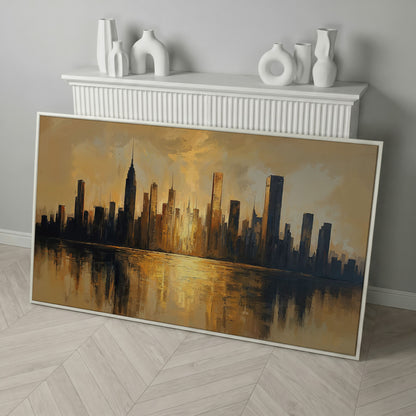 Golden Cityscape Skyline Canvas in white floating frame