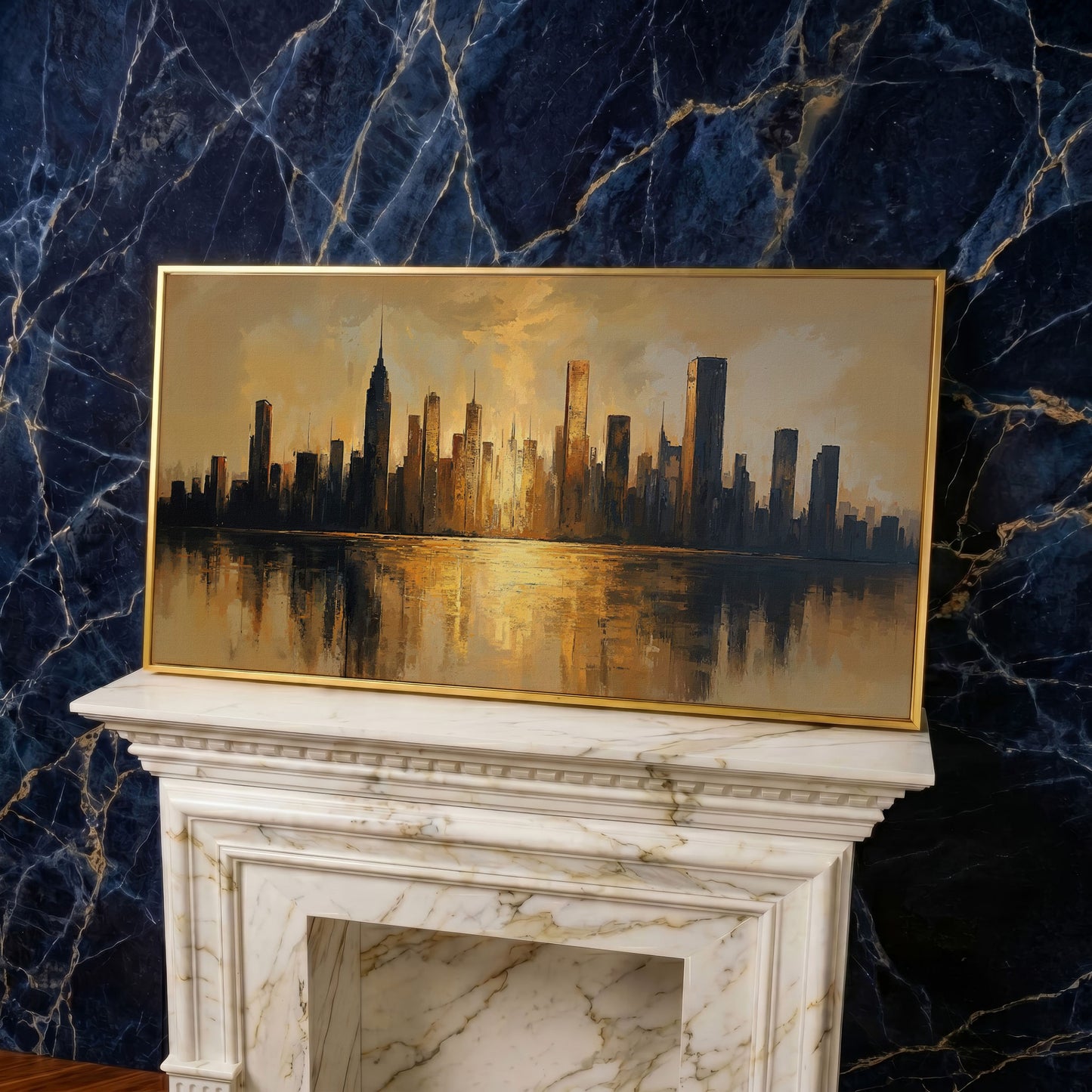 Golden Cityscape Skyline Canvas in yellow gold floating frame