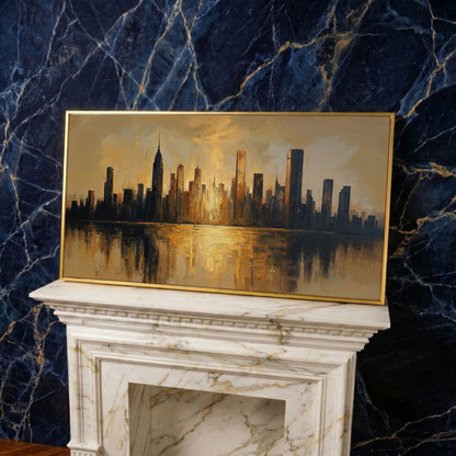 Golden Cityscape Skyline Canvas in yellow gold floating frame