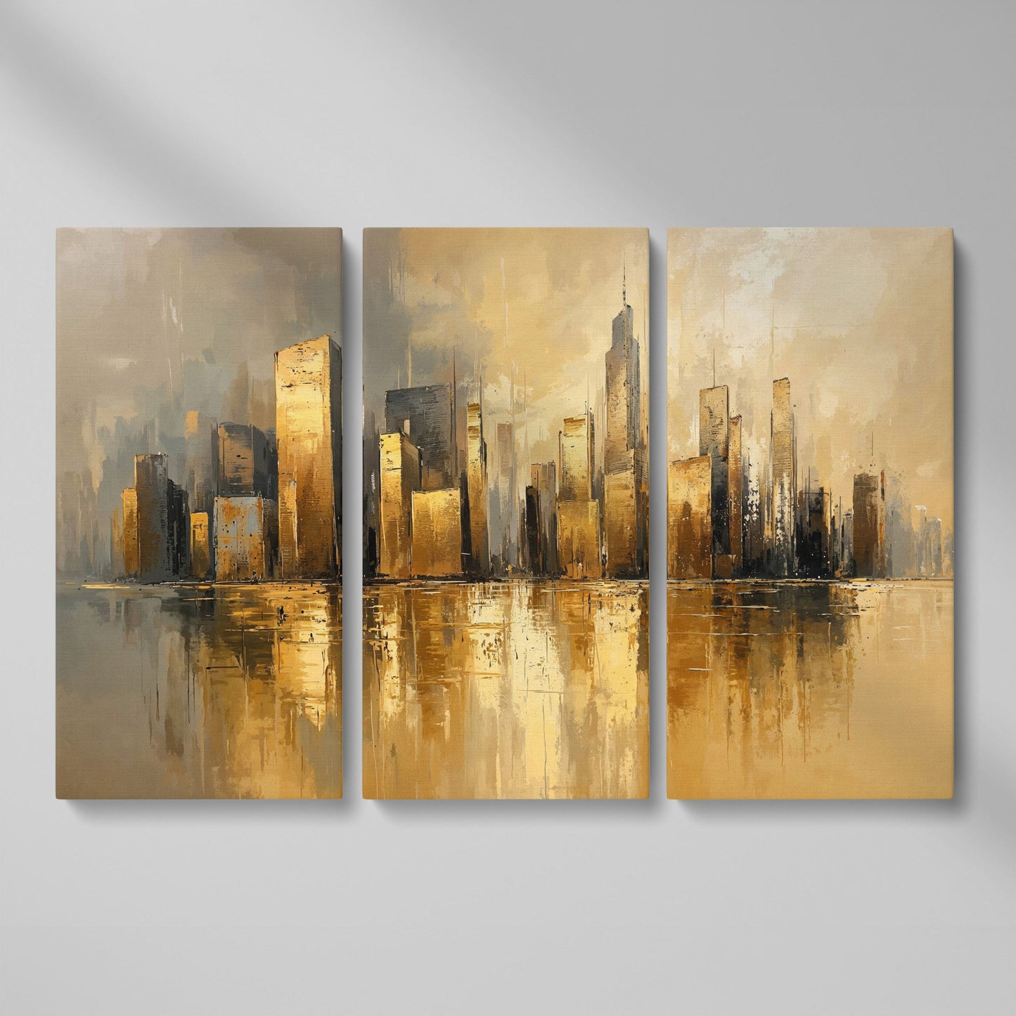 Cityscape Reflection Canvas Print in Ochre and Taupe as 3-panel split version