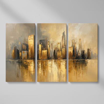 Cityscape Reflection Canvas Print in Ochre and Taupe as 3-panel split version