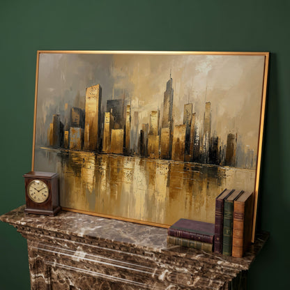 Cityscape Reflection Canvas Print in Ochre and Taupe in antique gold floating frame