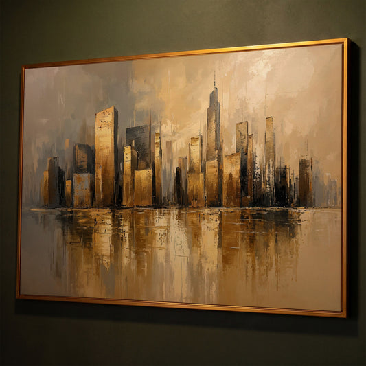 Cityscape Reflection Canvas Print in Ochre and Taupe shown in antique gold floating frame