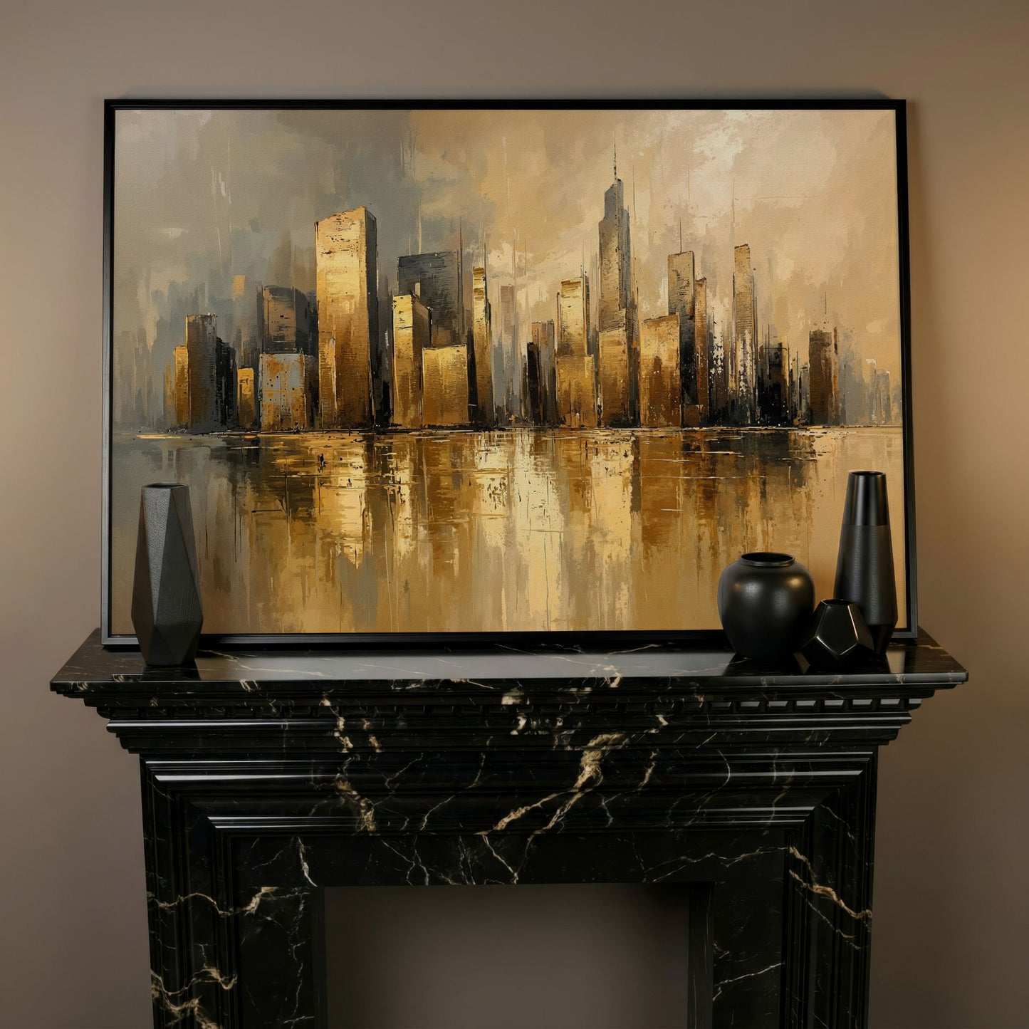 Cityscape Reflection Canvas Print in Ochre and Taupe in black floating frame