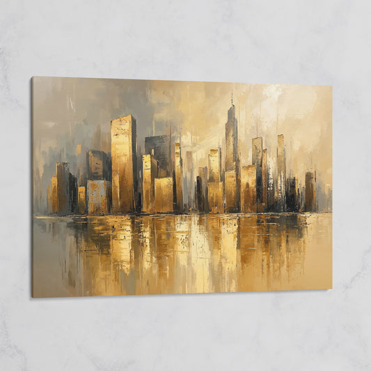 Cityscape Reflection Canvas Print in Ochre and Taupe on gallery wrap
