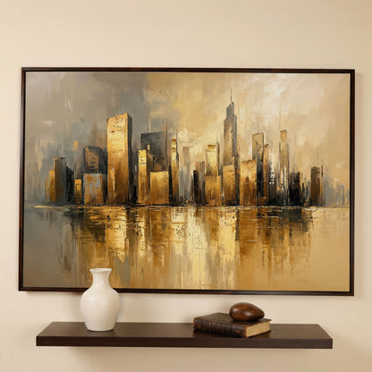 Cityscape Reflection Canvas Print in Ochre and Taupe in dark walnut floating frame