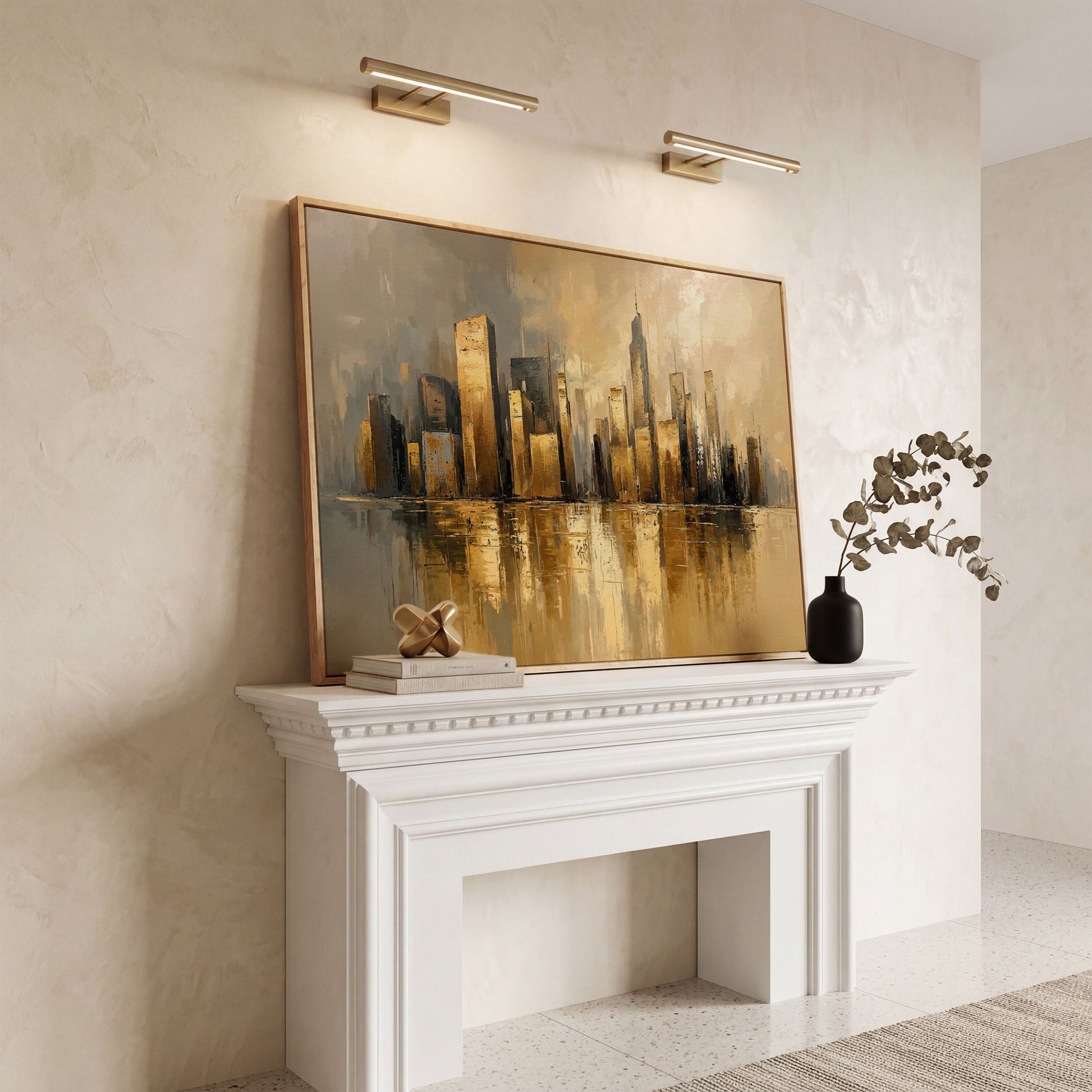 Cityscape Reflection Canvas Print in Ochre and Taupe in white oak floating frame