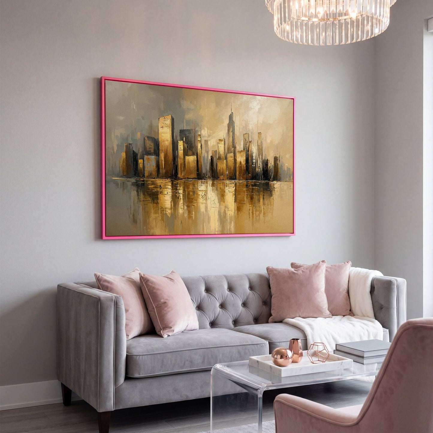 Cityscape Reflection Canvas Print in Ochre and Taupe in pink floating frame