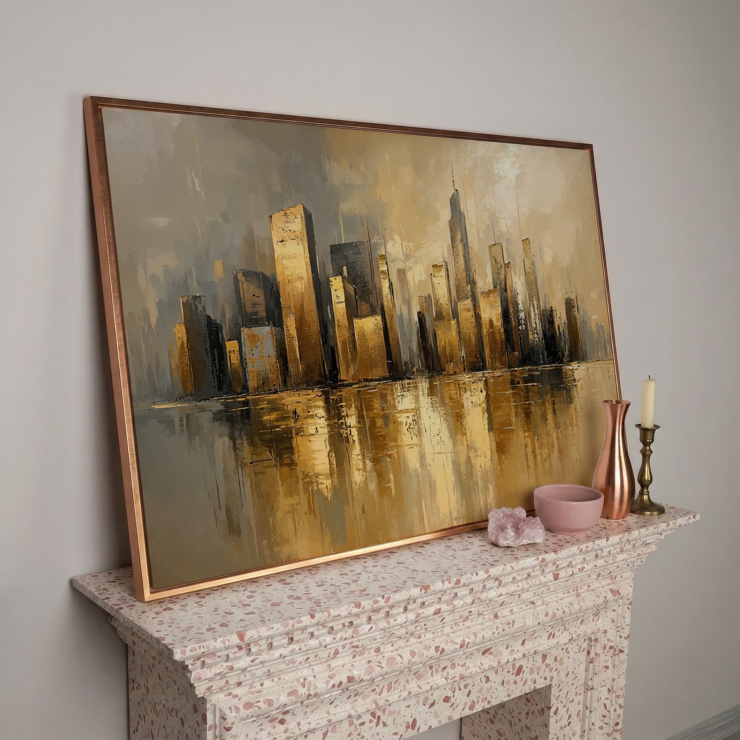 Cityscape Reflection Canvas Print in Ochre and Taupe in rose gold floating frame
