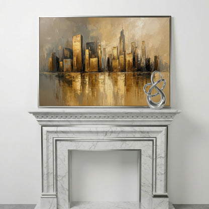 Cityscape Reflection Canvas Print in Ochre and Taupe in silver floating frame