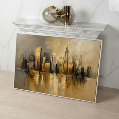 Cityscape Reflection Canvas Print in Ochre and Taupe in white floating frame