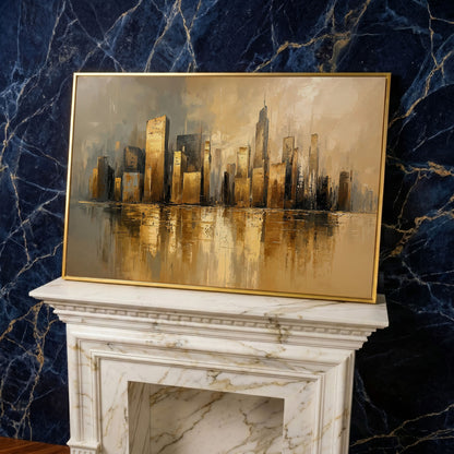 Cityscape Reflection Canvas Print in Ochre and Taupe in yellow gold floating frame