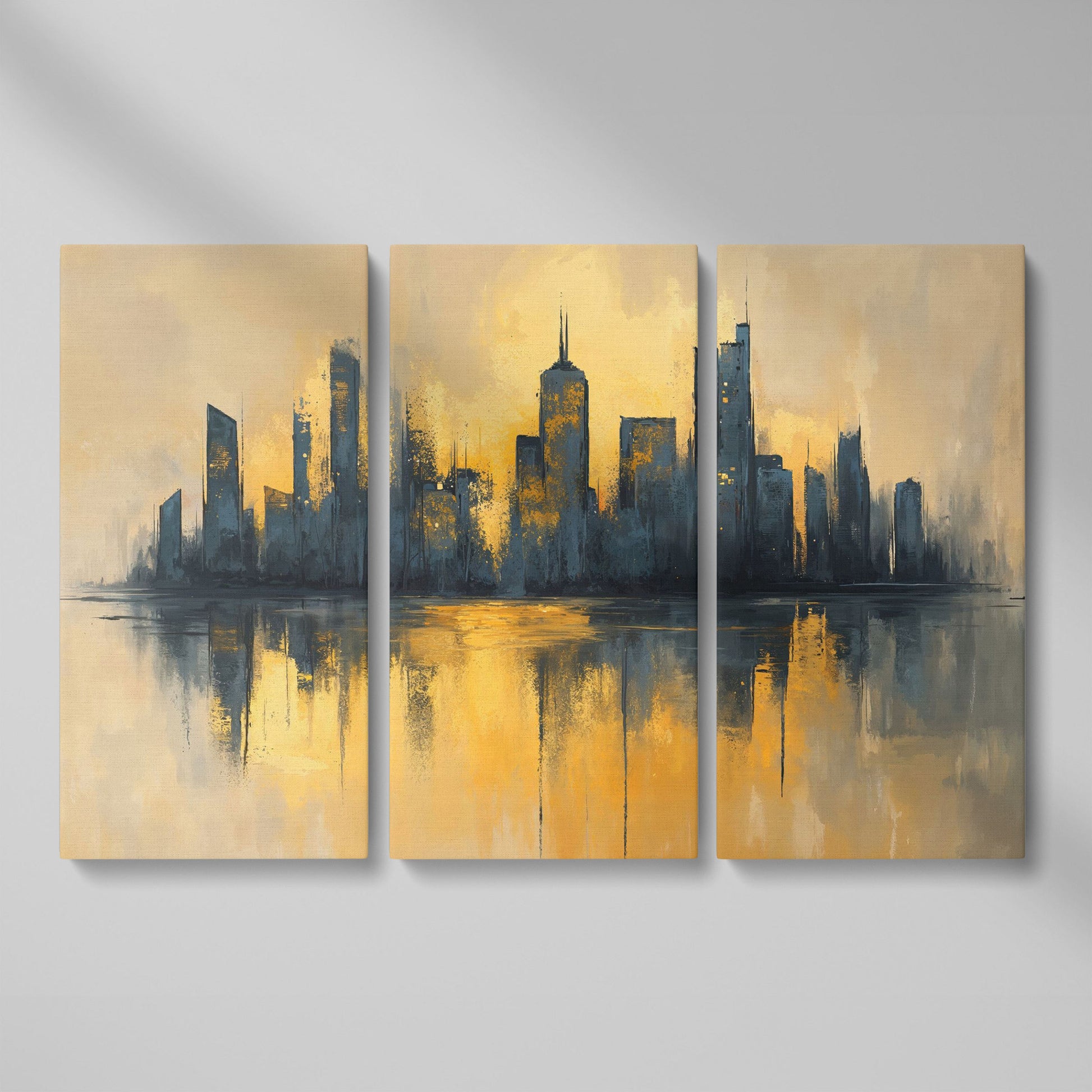 City Skyline Reflection Canvas Print. Golden Urban Abstract as 3-panel split version