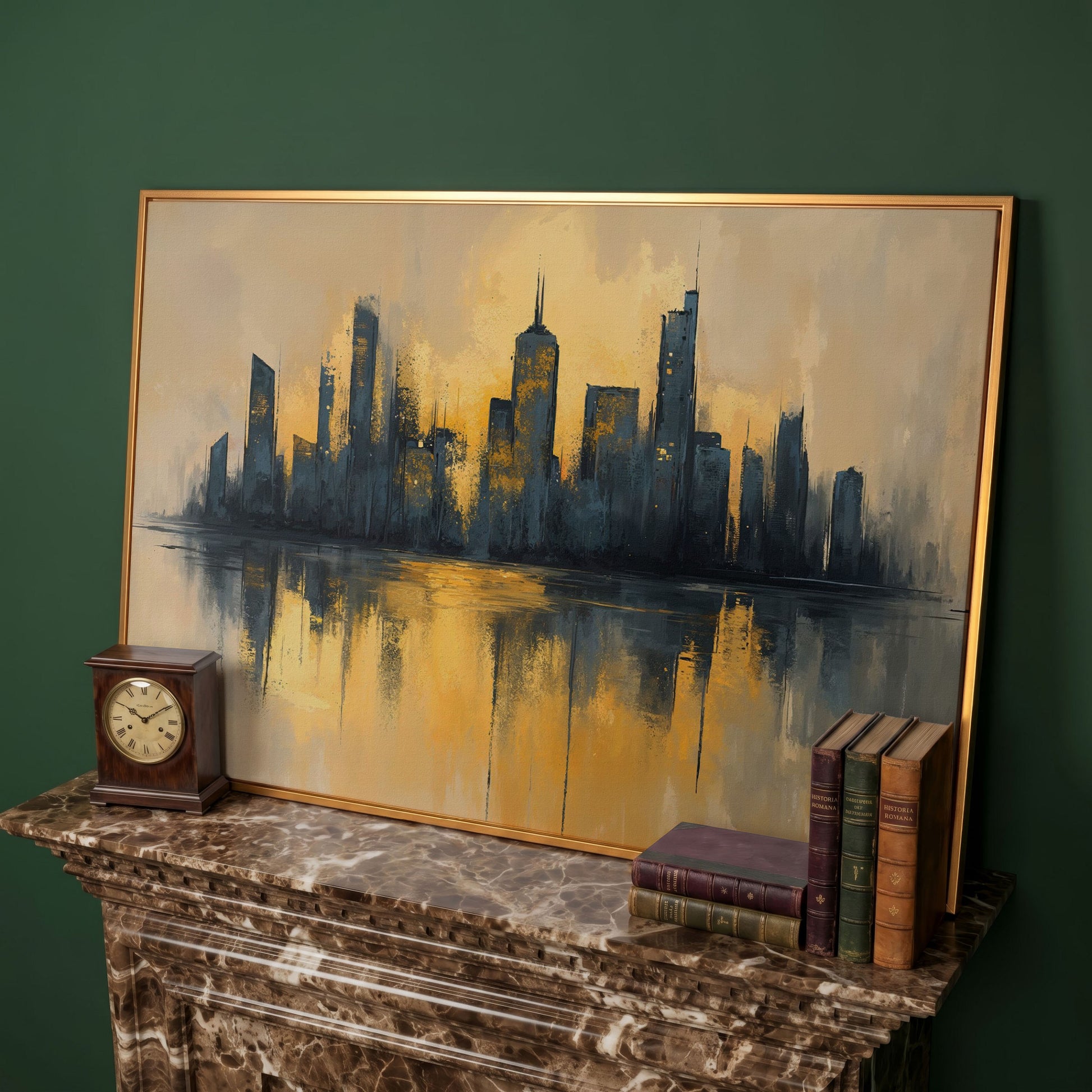 City Skyline Reflection Canvas Print. Golden Urban Abstract in antique gold floating frame