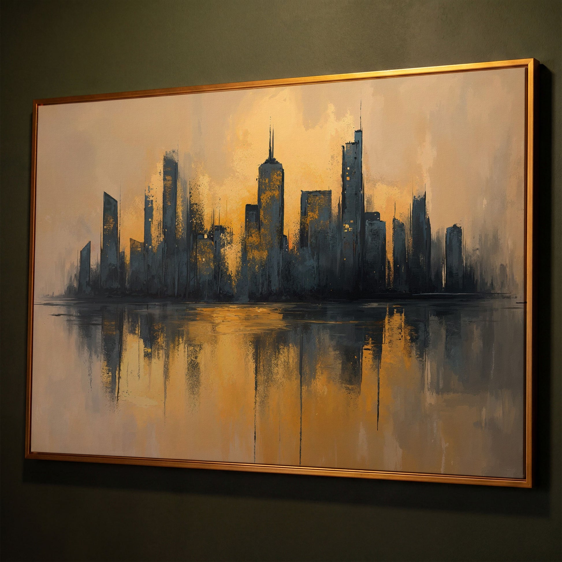 City Skyline Reflection Canvas Print. Golden Urban Abstract shown in antique gold floating frame