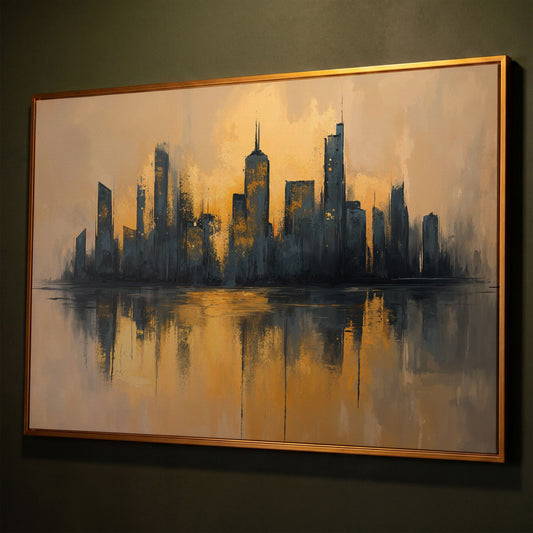 City Skyline Reflection Canvas Print. Golden Urban Abstract shown in antique gold floating frame