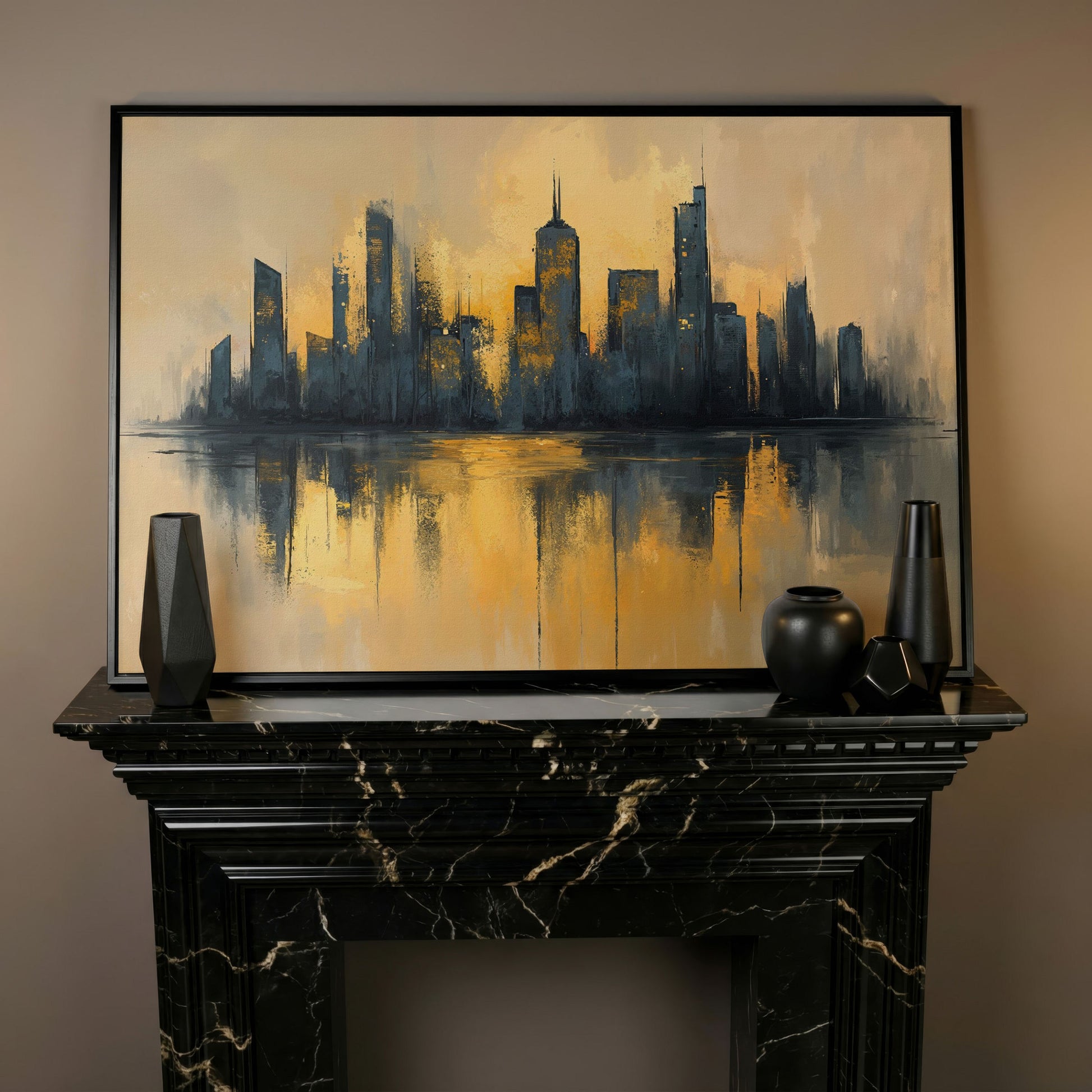 City Skyline Reflection Canvas Print. Golden Urban Abstract in black floating frame