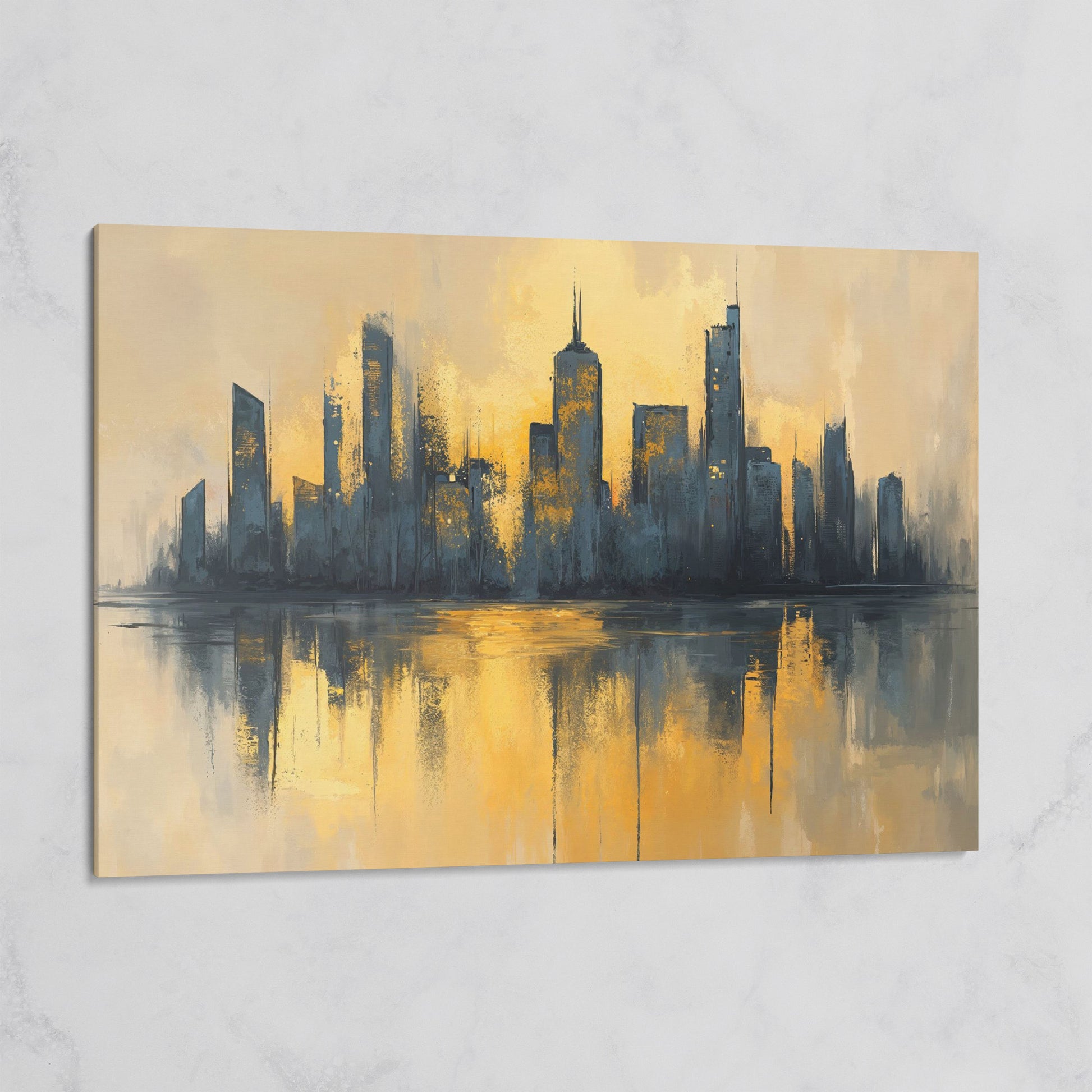 City Skyline Reflection Canvas Print. Golden Urban Abstract on gallery wrap