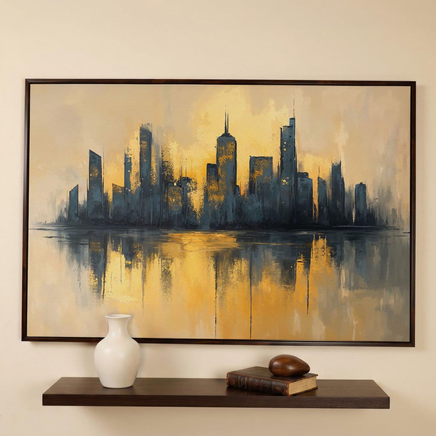City Skyline Reflection Canvas Print. Golden Urban Abstract in dark walnut floating frame