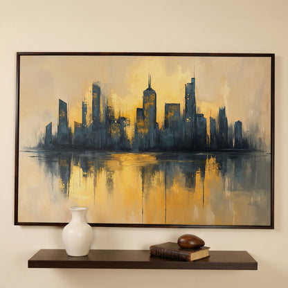 City Skyline Reflection Canvas Print. Golden Urban Abstract in dark walnut floating frame