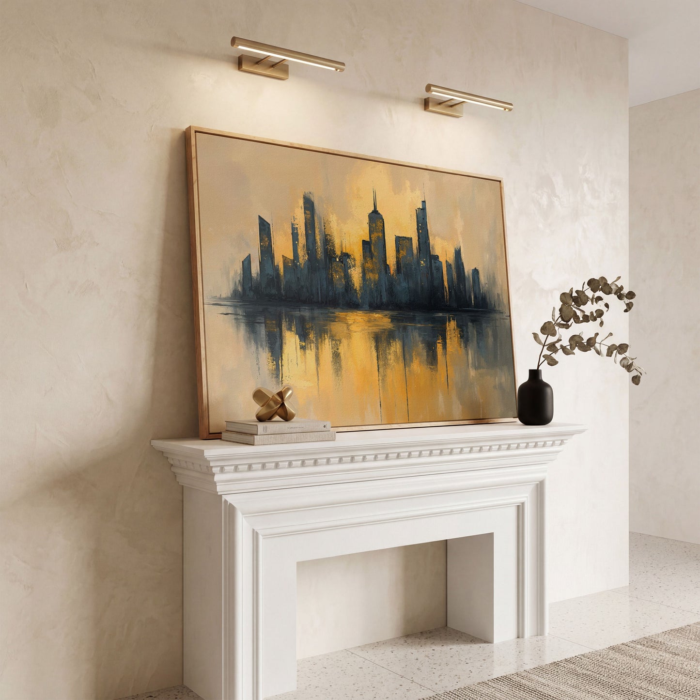 City Skyline Reflection Canvas Print. Golden Urban Abstract in white oak floating frame