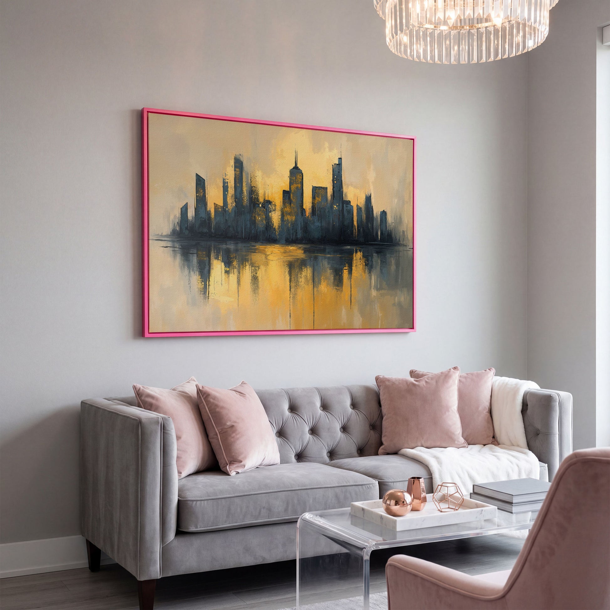 City Skyline Reflection Canvas Print. Golden Urban Abstract in pink floating frame