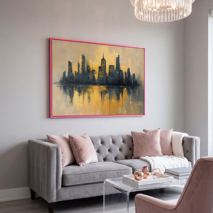 City Skyline Reflection Canvas Print. Golden Urban Abstract in pink floating frame