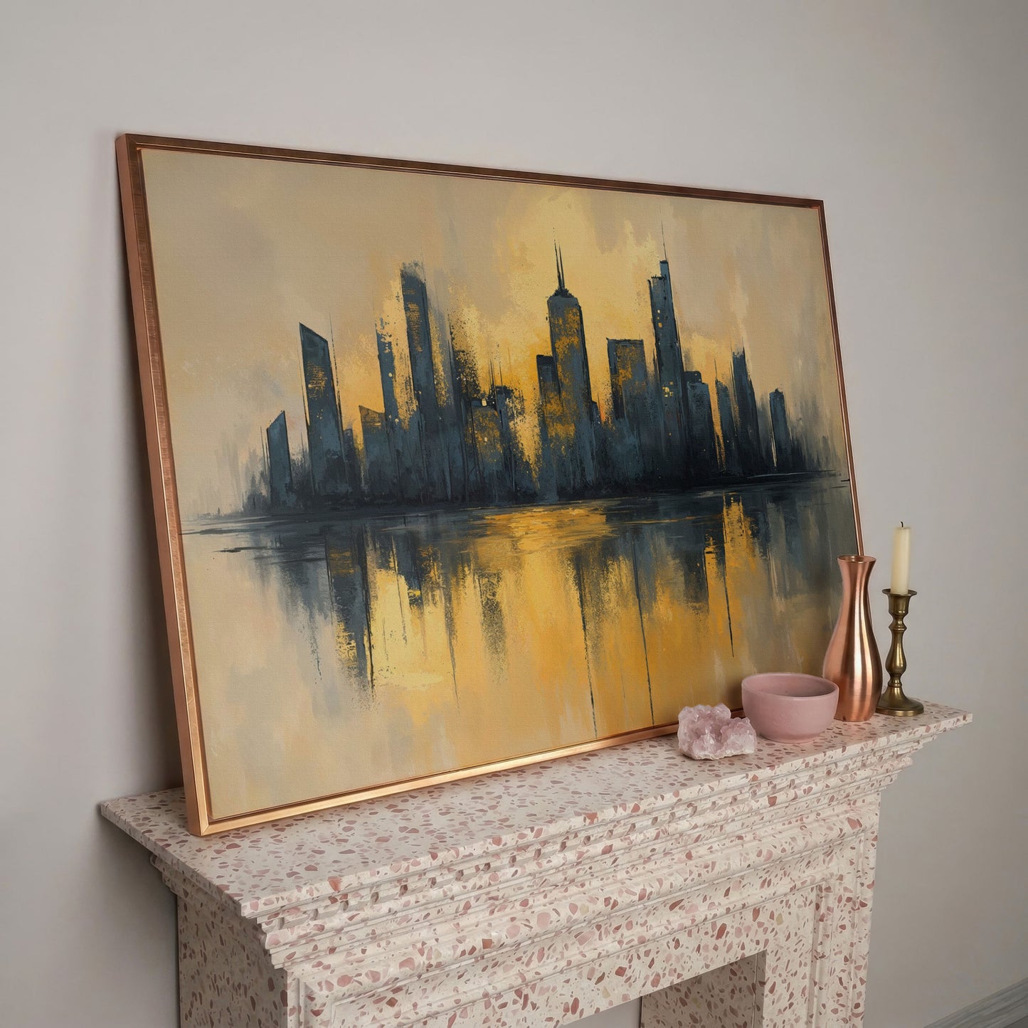 City Skyline Reflection Canvas Print. Golden Urban Abstract in rose gold floating frame